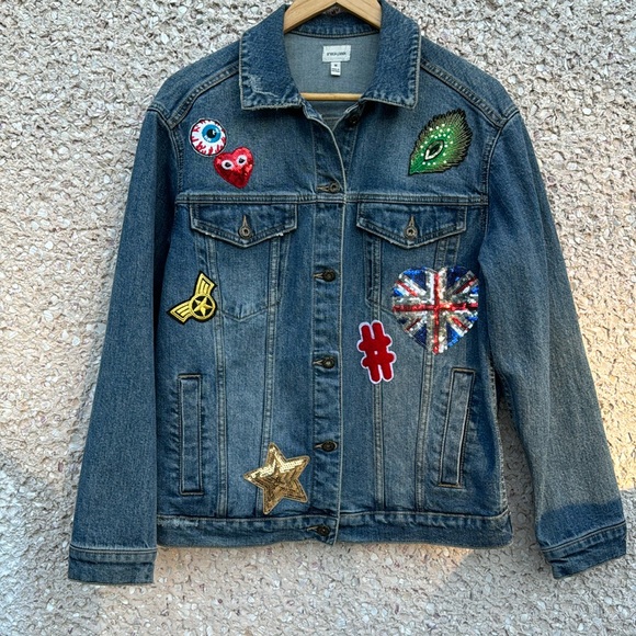 Embellished Denim Jacket with Sequin Patches - Picture 4 of 6